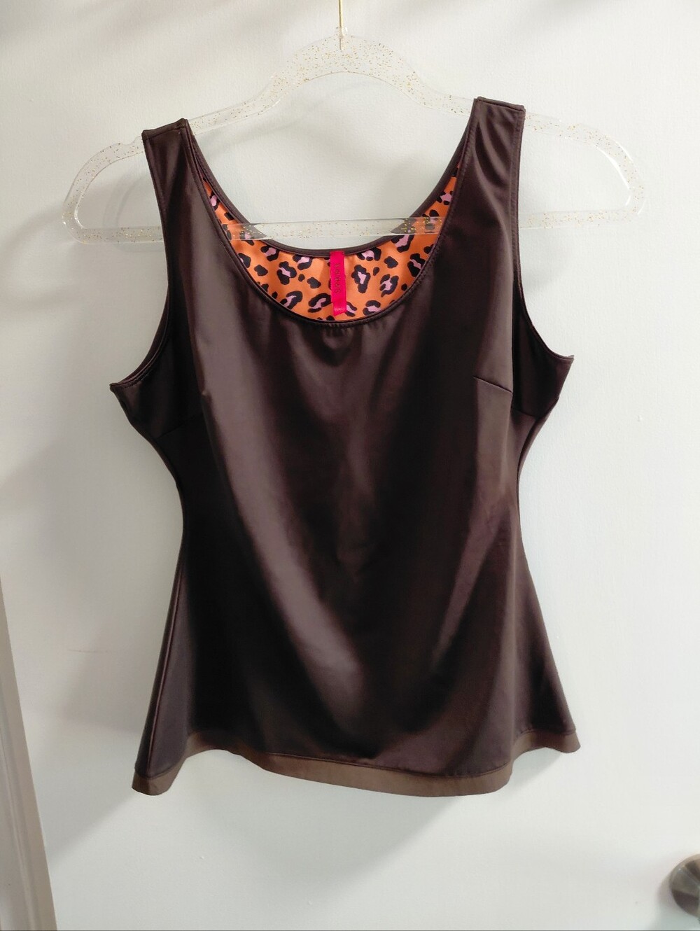 SPANX Chocolate Brown Tank with Leopard-Trim Scoop Neck